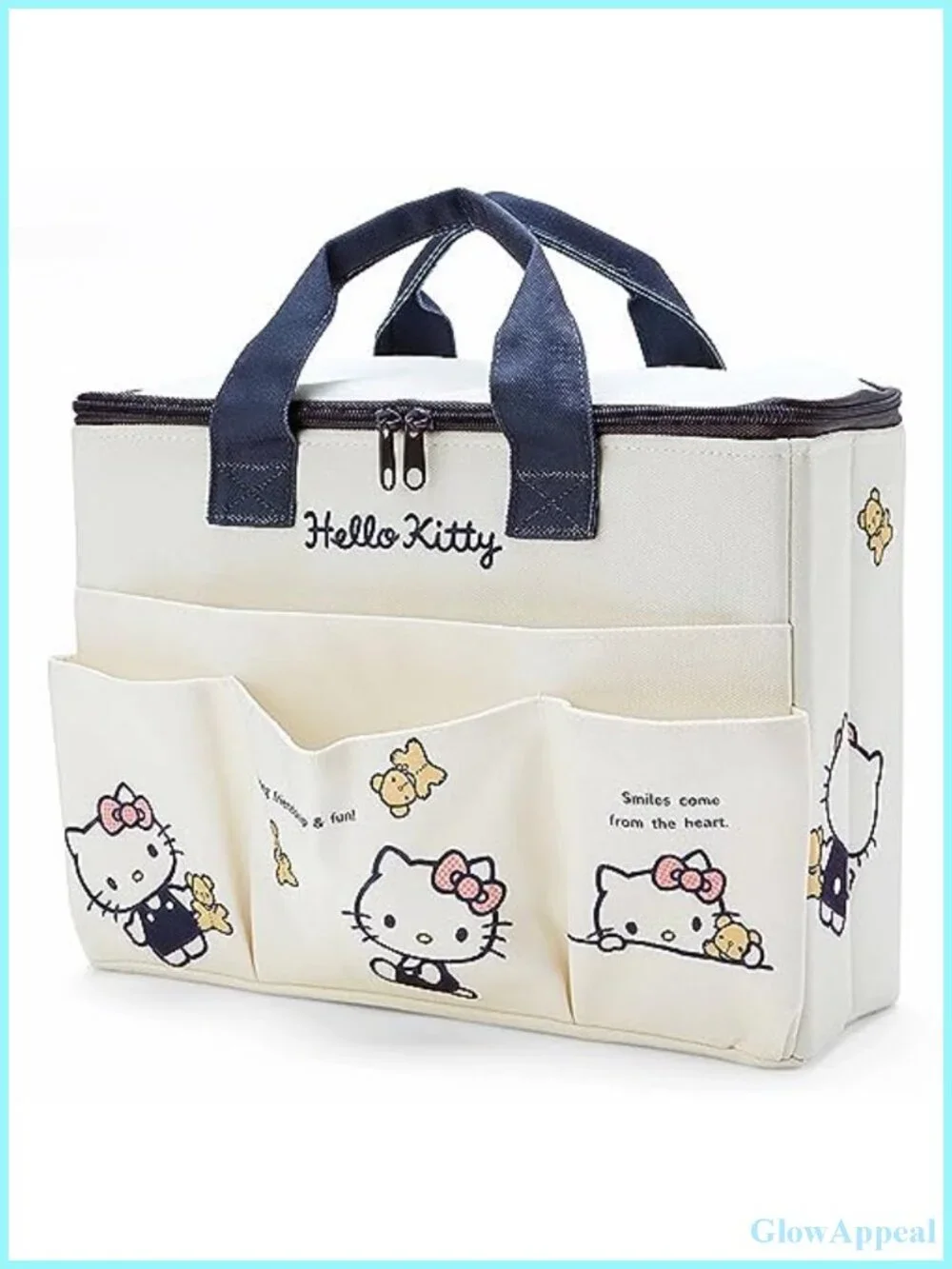 Cute Canvas Tote Bag with Top Zipper, 4 Pockets, Lightweight Oxford Cloth